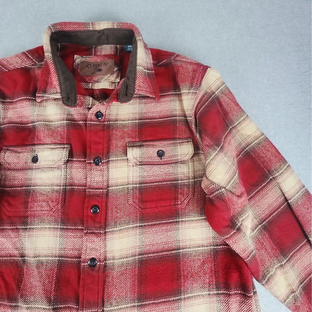 ORVIS Heavyweight Flannel Shirt/Jacket Mens Medium Red Tan Plaid Shacket Outdoor